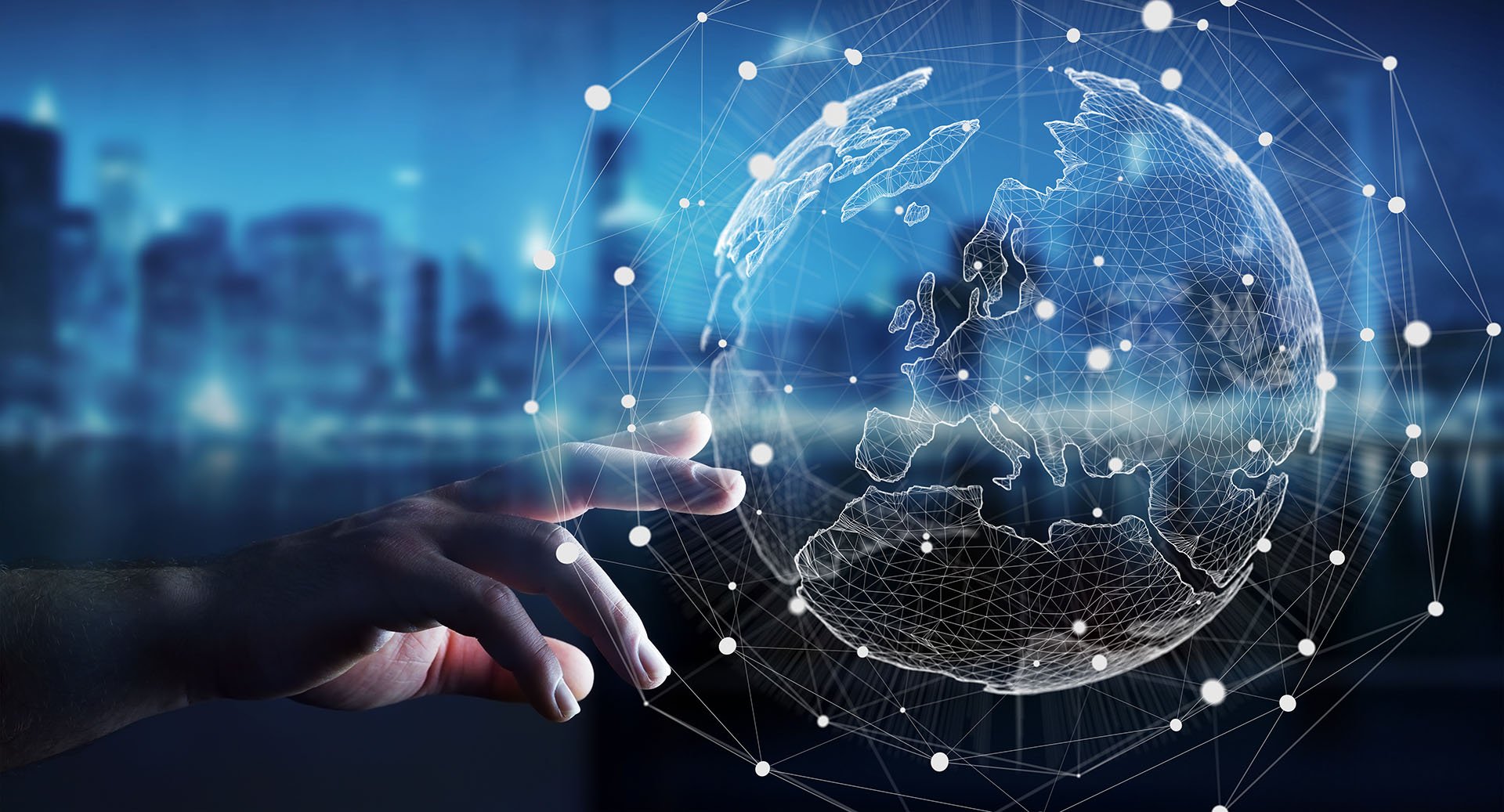 digital concept featuring a hand reaching for digital representation of Earth