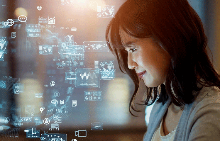 Worker watching hologram screens
